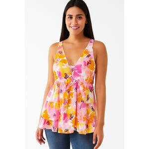 Entro Women's Blouse Top Babydoll V Neck Floral Print Colorful Pink Orange Sz M